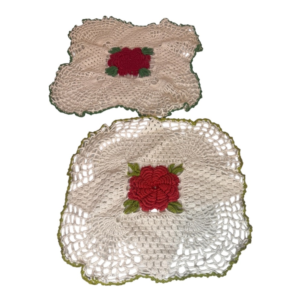 Vintage Handmade Crochet Rose Doilies Set of 2 Cream Red Green Lace 10x10 Square